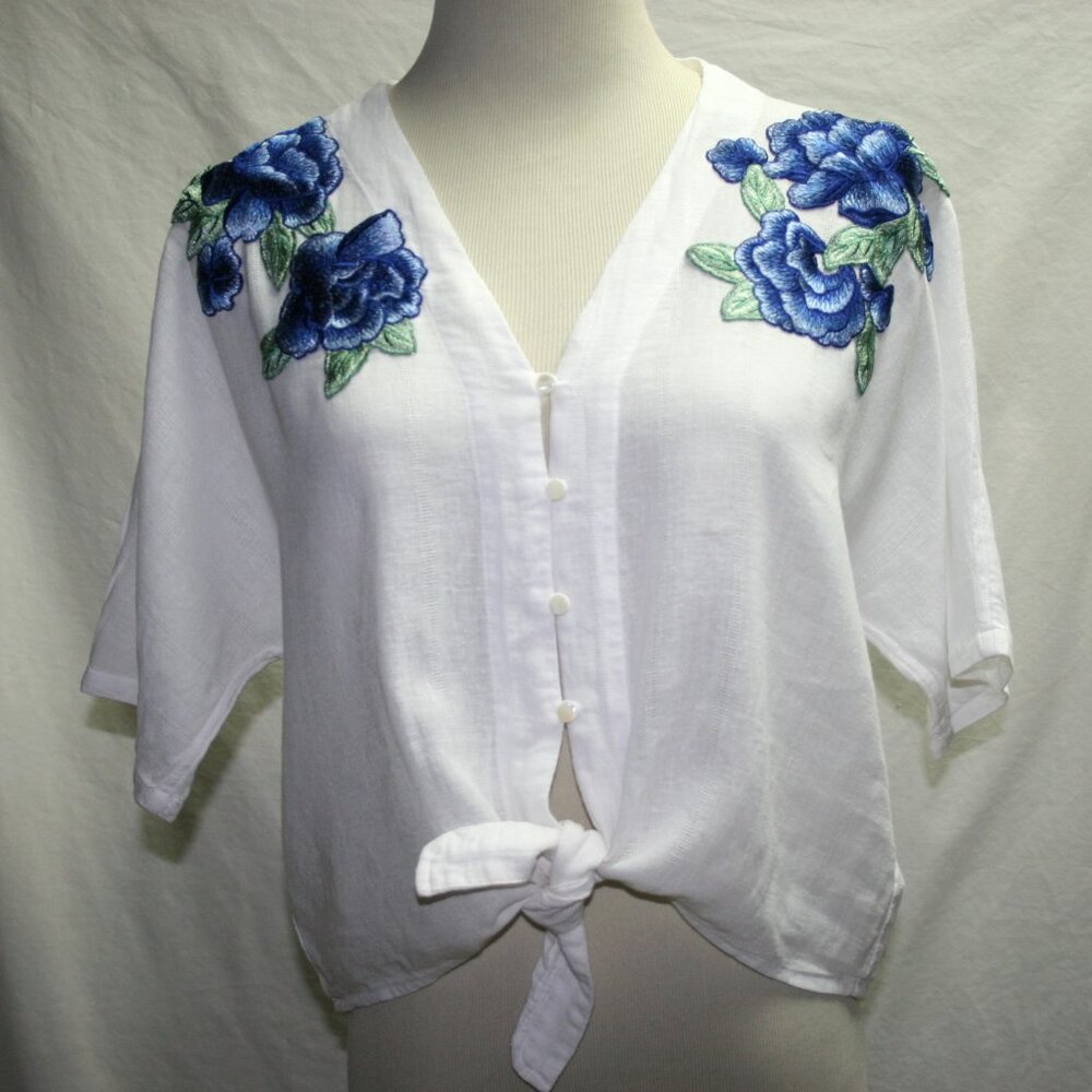 Rails Thea Rose White Tie Front Embroidered Top XS